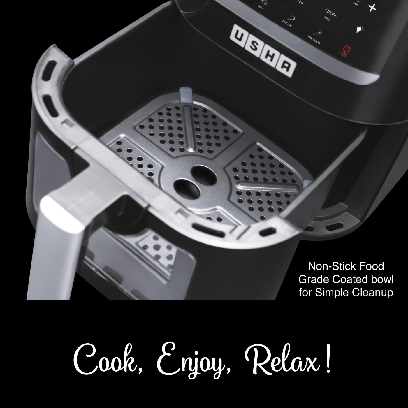 USHA Ichef Smart Air Fryer 4.5L,10 In 1 Functions10 Preset Menu|Digital Display&Touch Panel|Transparent Window|Illuminated Chamber|Turbo Air Circulation|Oil Free Cooking|Auto Pause/Start(Black),1350W