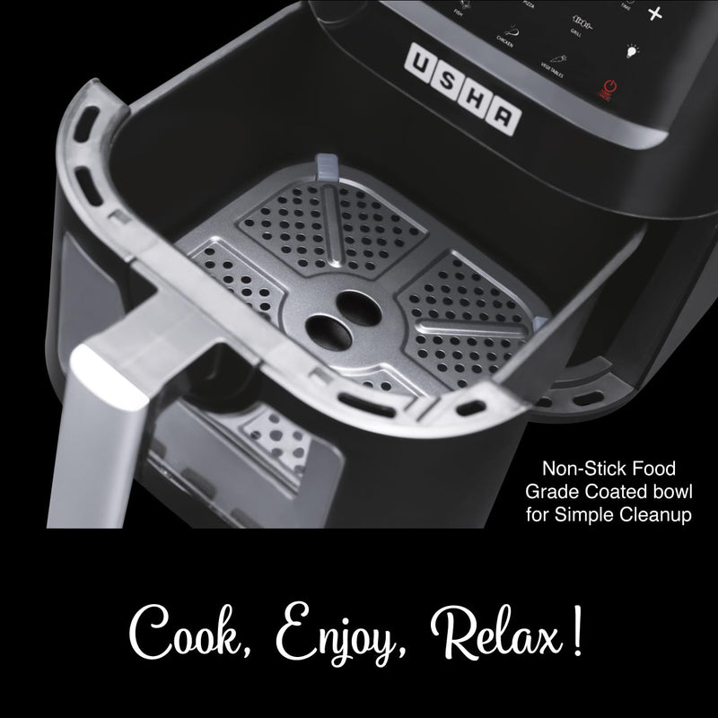 USHA Ichef Smart Air Fryer 4.5L,10 In 1 Functions10 Preset Menu|Digital Display&Touch Panel|Transparent Window|Illuminated Chamber|Turbo Air Circulation|Oil Free Cooking|Auto Pause/Start(Black),1350W