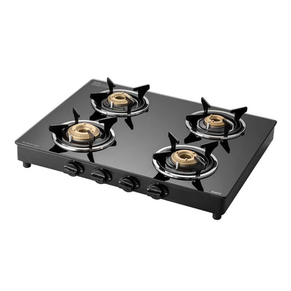 KAFF CTC 69 4B AI Gas Stove/Cooktop 4 Burners with Auto Electric Ignition 69 CM, High Efficiency Brass Burners, Black Tempered Glass, Enamelled Pan Support (Black)