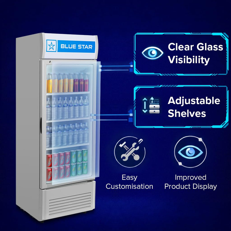 Blue Star VC325 5 Star Frost Free Vertical Glass Single Door Visi Cooler (300L, white)