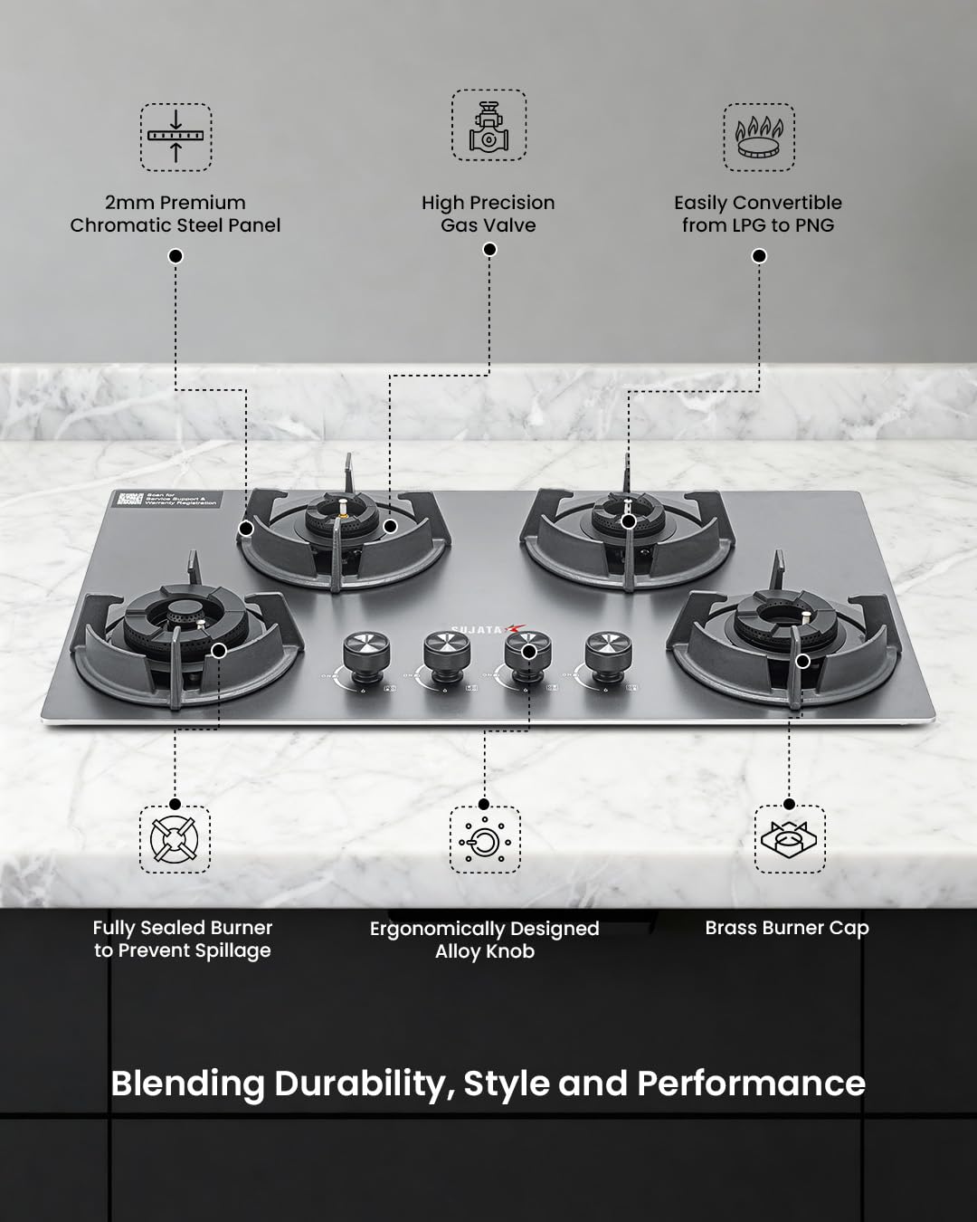 Sujata Gas Stove 4 Burners | 5 Years Warranty | 4 Burner Gas Stove Stainless Steel Auto Ignition, CookTop cum Hob Top, LPG Ready & PNG Compatible, Brass Burner (Osmium - 4 Burner Auto Ignition)