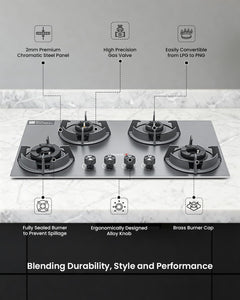 Sujata Gas Stove 4 Burners | 5 Years Warranty | 4 Burner Gas Stove Stainless Steel Auto Ignition, CookTop cum Hob Top, LPG Ready & PNG Compatible, Brass Burner (Osmium - 4 Burner Auto Ignition)
