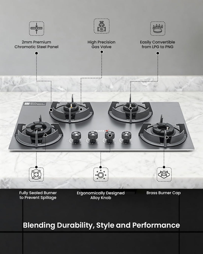 Sujata Gas Stove 4 Burners | 5 Years Warranty | 4 Burner Gas Stove Stainless Steel Auto Ignition, CookTop cum Hob Top, LPG Ready & PNG Compatible, Brass Burner (Osmium - 4 Burner Auto Ignition)