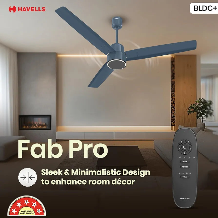 Havells FAB BLDC PRO Ceiling Fan 1200mm, 380 RPM, Savings upto 65%, Reverse Rotation, 4 Modes , Low Wattage 30W, Low Noise, Air Flow:225 CMM, 3 Year Warranty, Denim Blue