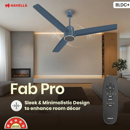 Havells FAB BLDC PRO Ceiling Fan 1200mm, 380 RPM, Savings upto 65%, Reverse Rotation, 4 Modes , Low Wattage 30W, Low Noise, Air Flow:225 CMM, 3 Year Warranty, Denim Blue