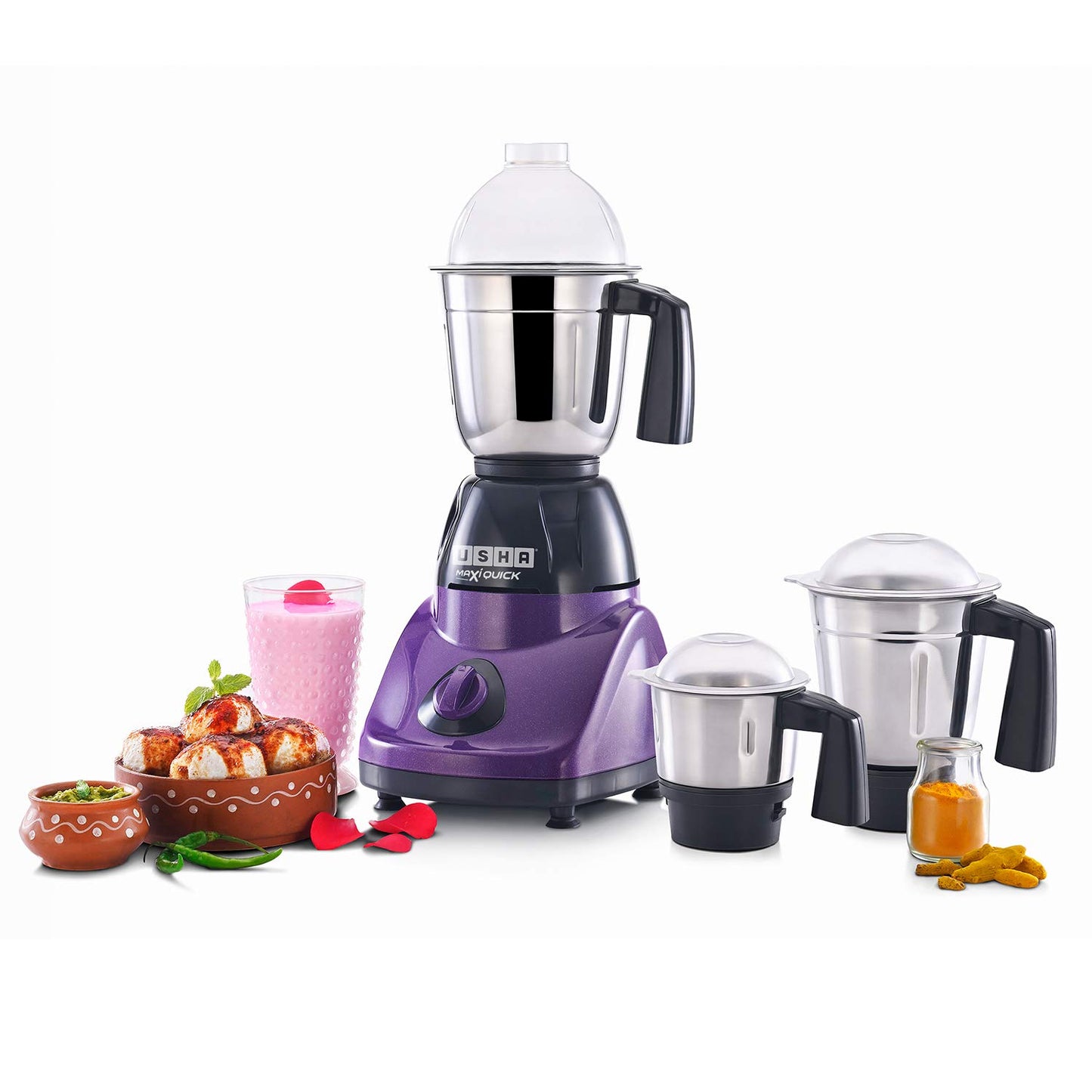 USHA Maxiquick 500-Watt Copper Motor Mixer Grinder with 3 Jars (Magenta/Black)