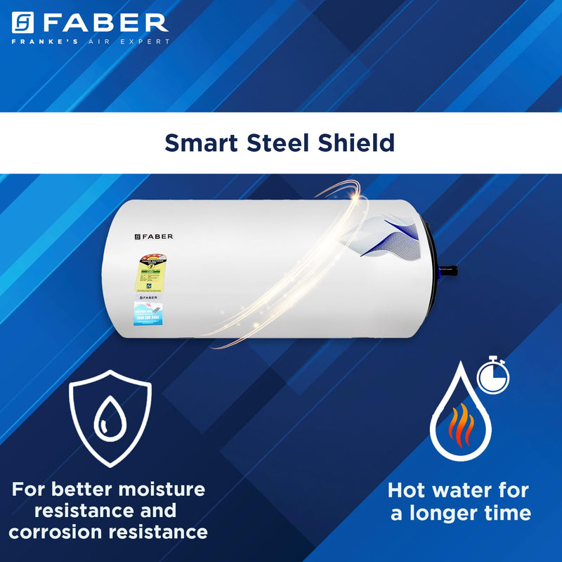 Faber Jazz 15L Horizontal (RH) Storage Water Geyser |Free Pipe and Installation|12 Safety Features, Glassline Coated & C