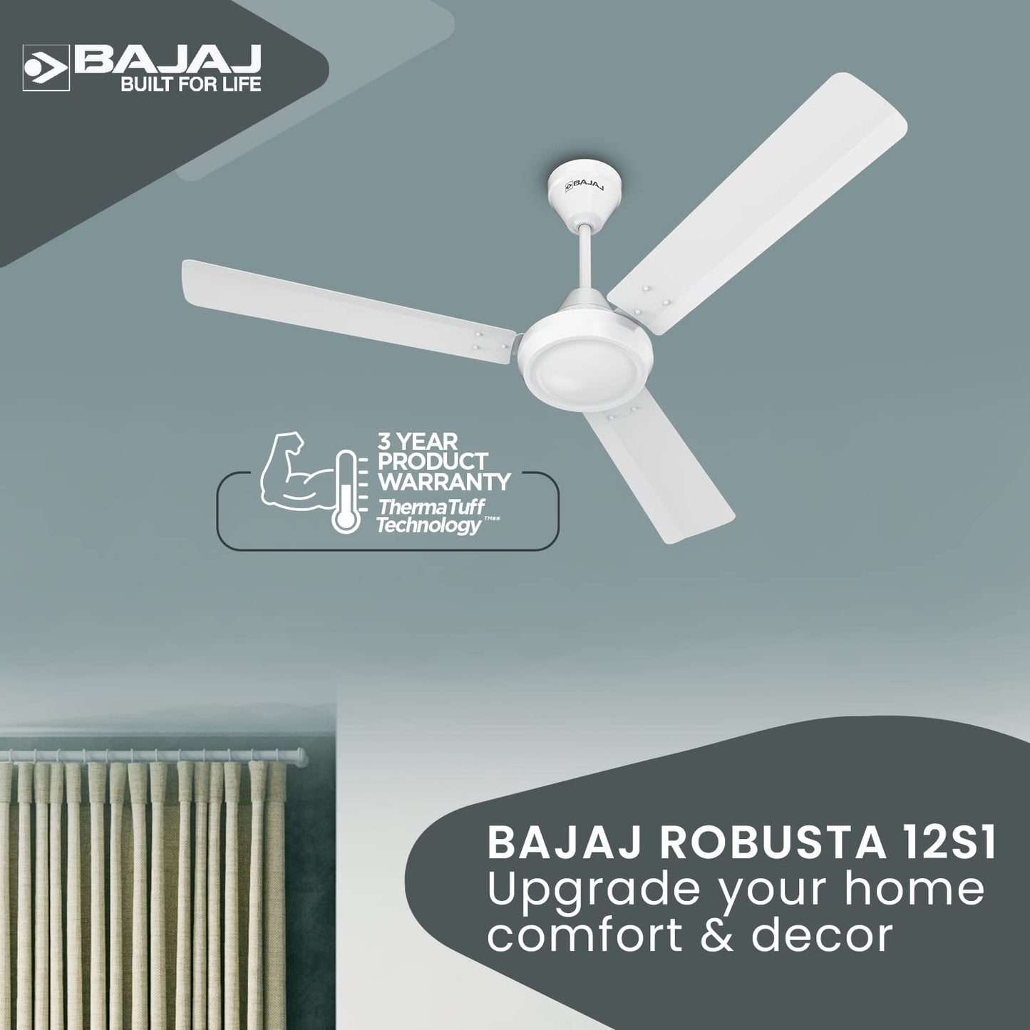 Bajaj Robusta 12S1 1200MM 1 Star Rated Ceiling Fans For Home | BEE Stars Rated Energy Efficient Ceiling Fan | High Air Delivery | 2 Years Warranty 【Base White】