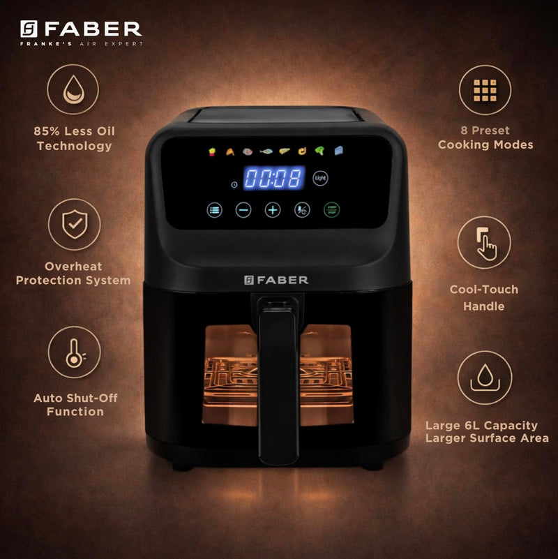 Faber 6L 1500W Digital Air Fryer | Fry, Bake, Roast | 85% Less Oil, 200°C Swirl Heating Technology |8-Preset Menu|View W