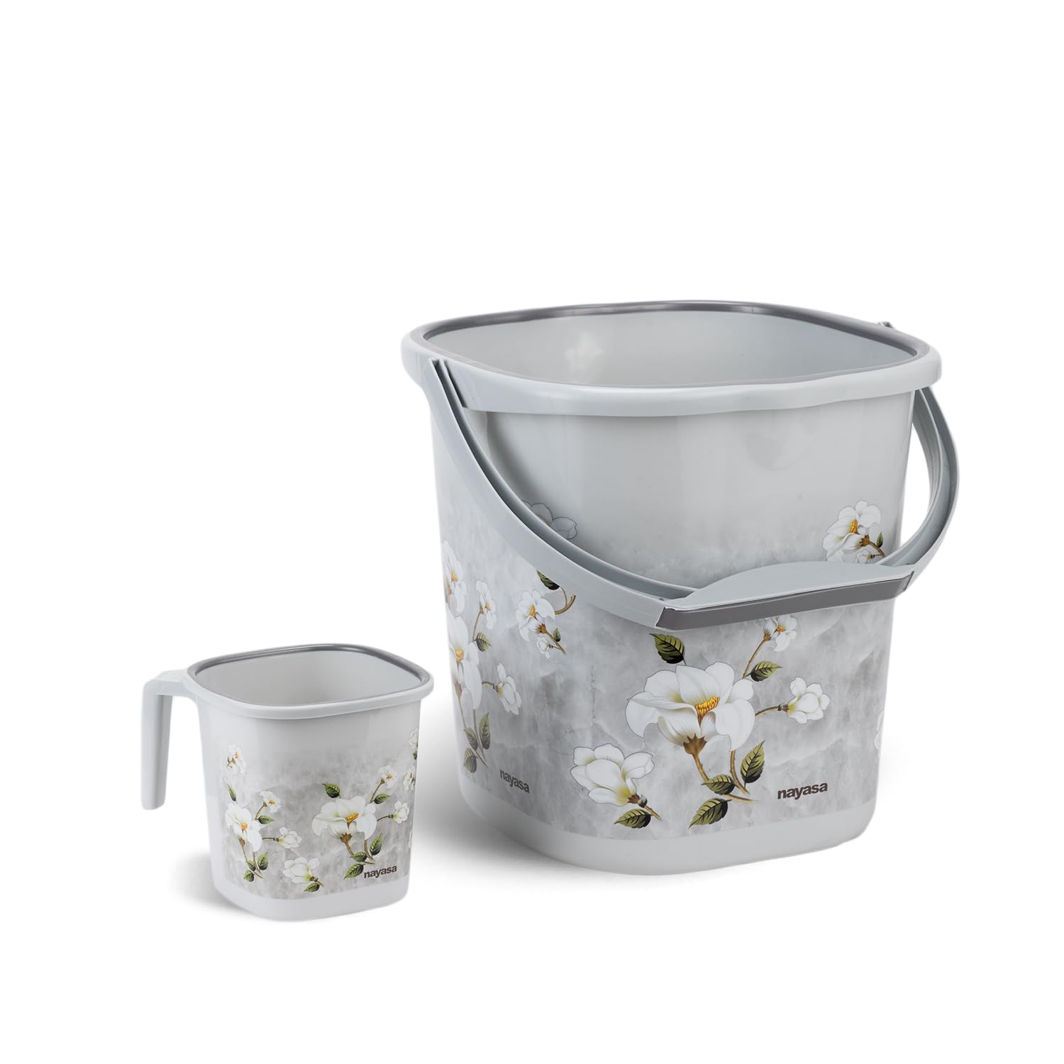 Nayasa Square Ring Marble Plastic Bucket Set for Bathroom | Bucket and Mug (18 Liters & 1.5 Liters) | Bathroom Set of 2 | Bathroom Accessories Set | Grey