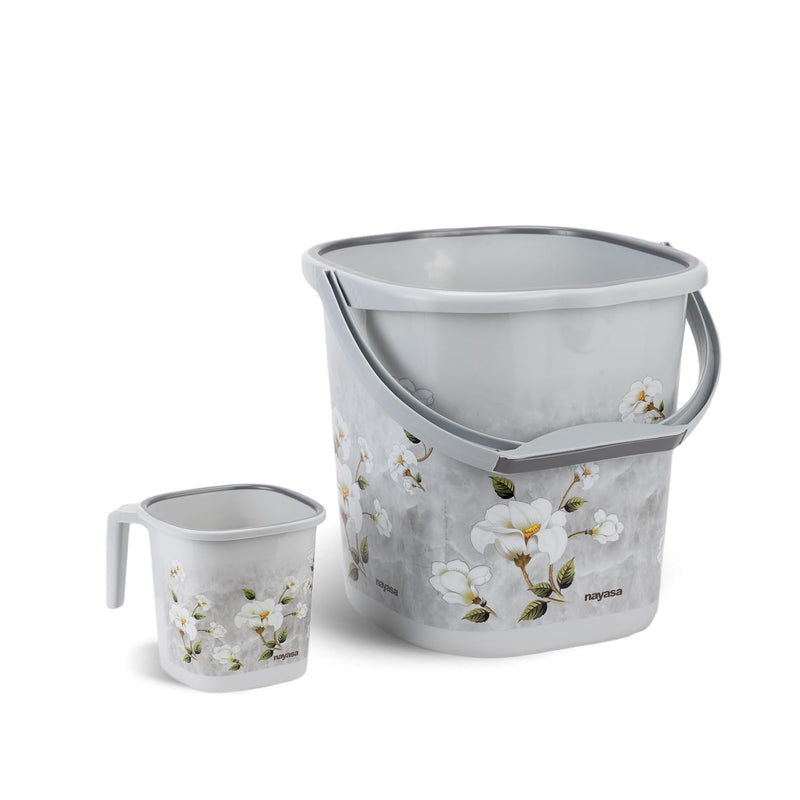 Nayasa Square Ring Marble Plastic Bucket Set for Bathroom | Bucket and Mug (18 Liters & 1.5 Liters) | Bathroom Set of 2 | Bathroom Accessories Set | Grey