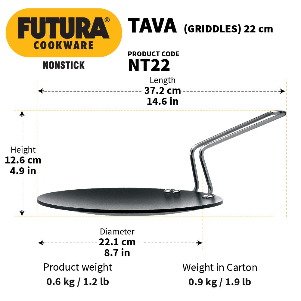 Hawkins Futura 22 cm Tava, Non Stick Tawa with Stainless Steel Handle, Black (NT22).