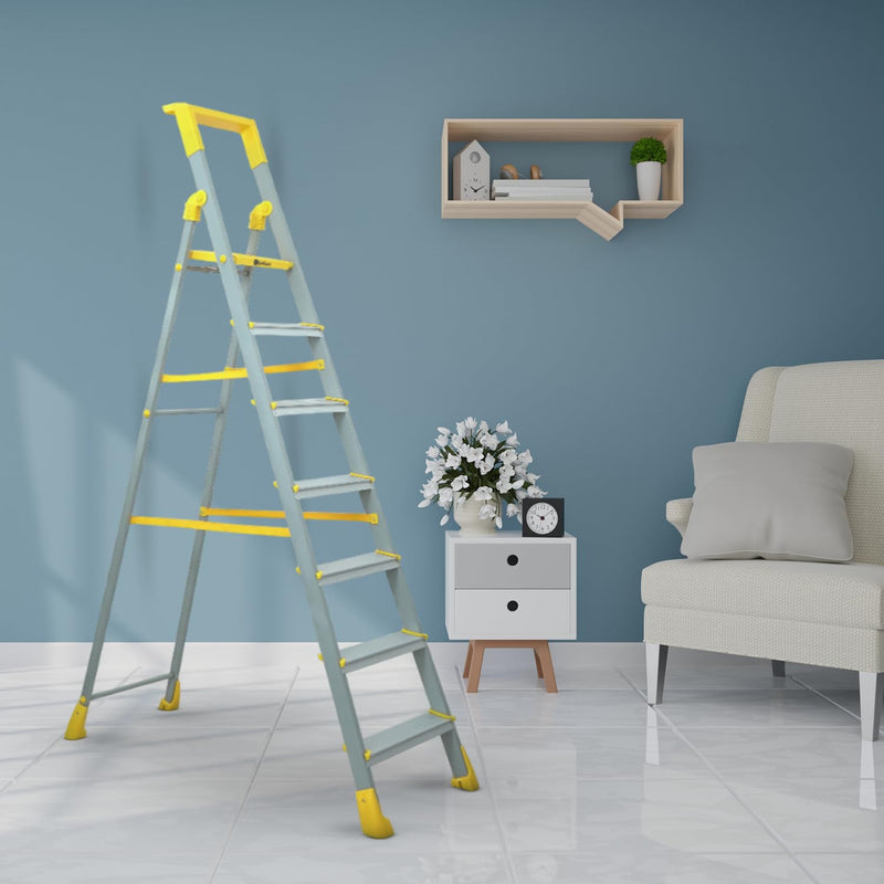 Bonkaso Climb Lite Pro+ 7 Step - Aluminium Foldable Ladder with Tool Tray (130W x 209H Cm) | Heavy-Duty, Anti-Slip & Firm Grip for Home, Indoor & Outdoor Use | Durable & Portable (Yellow & Satin)