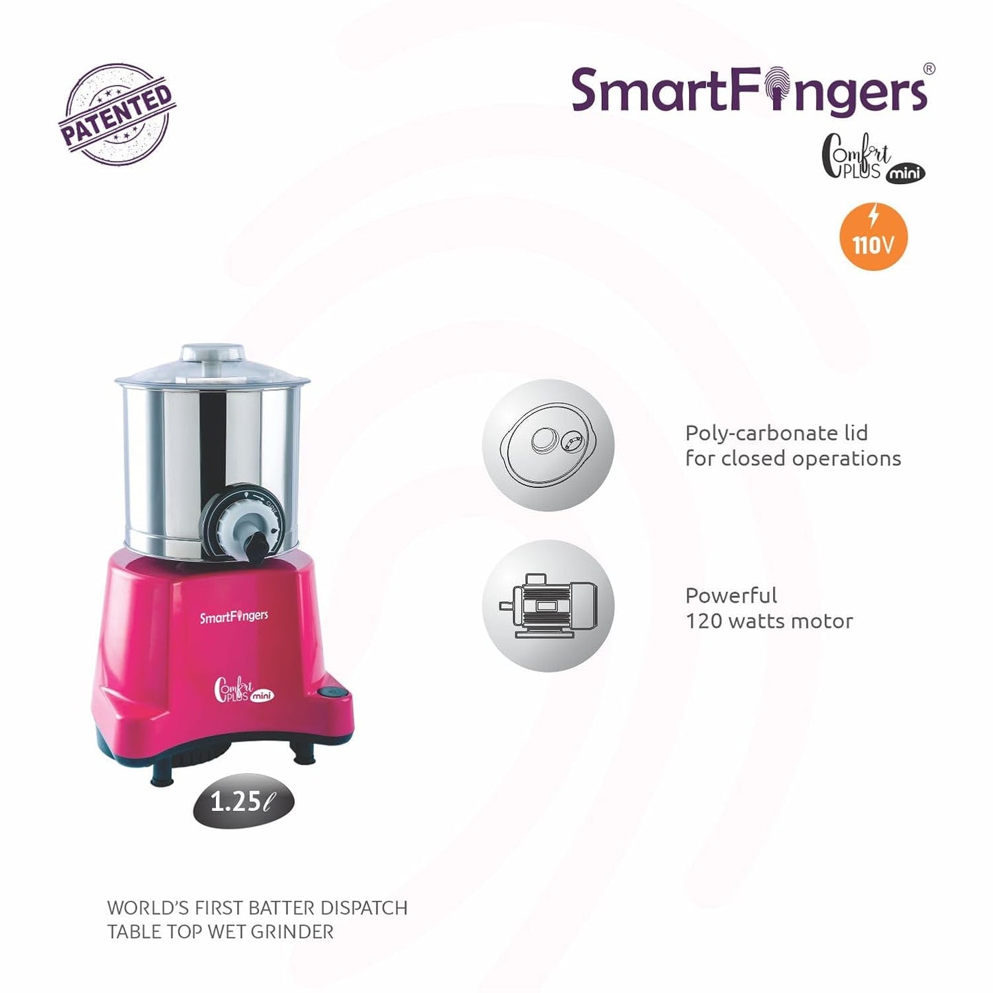 SmartFingers Stainless Steel Comfort Plus Table Top Magic Wet Grinder 110V 60Hz (1.25 L) For Usa Canada And Japan Only, Pink
