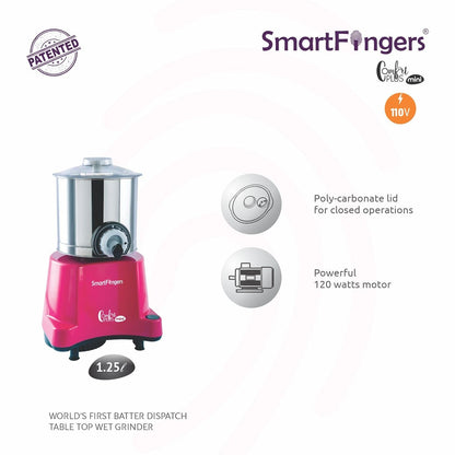 SmartFingers Stainless Steel Comfort Plus Table Top Magic Wet Grinder 110V 60Hz (1.25 L) For Usa Canada And Japan Only, Pink
