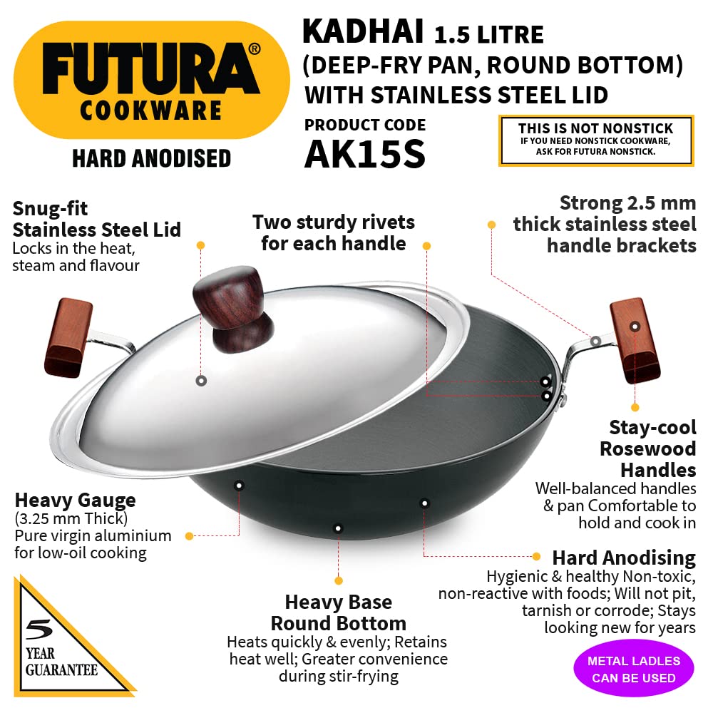 Hawkins Futura Hard Anodised Deep-Fry Pan 1.5 L, 22 cm, 3.25 mm (Kadhai) with SS lid