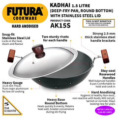 Hawkins Futura Hard Anodised Deep-Fry Pan 1.5 L, 22 cm, 3.25 mm (Kadhai) with SS lid
