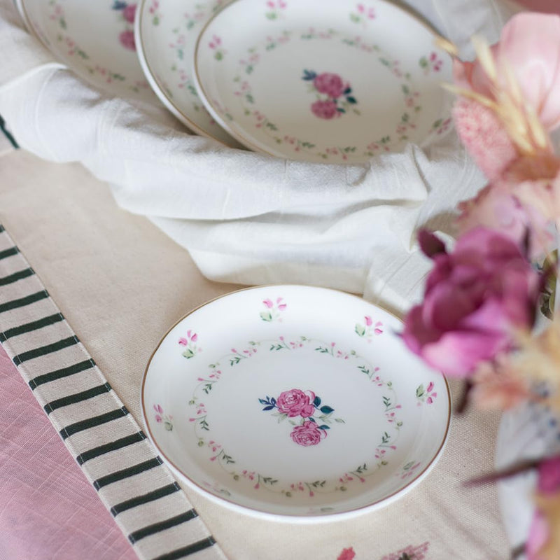 Magique by The Wishing Chair x ClayCraft : River of Flowers Ceramic Plates Set of 4 | 6 Inches | Snack Plates | Elegant Lightweight Small Ceramic Plates for Appetizers & Desserts | Dishwasher Safe