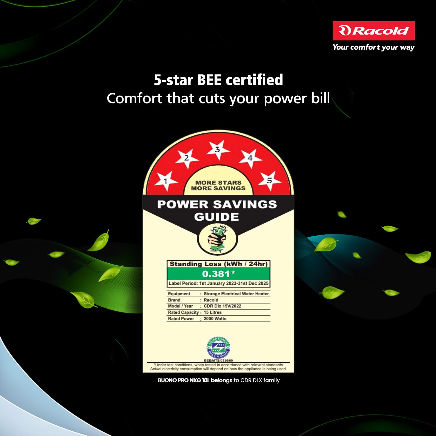 Racold Buono Pro NXG 15L ABS Body 5 Star Water Heater (Geyser) - 7 Yrs Tank Warranty, Corrosion Prevention With Superior Titanium Enameled Tank Coating, Suitable for Buildings, for elegant aesthetics