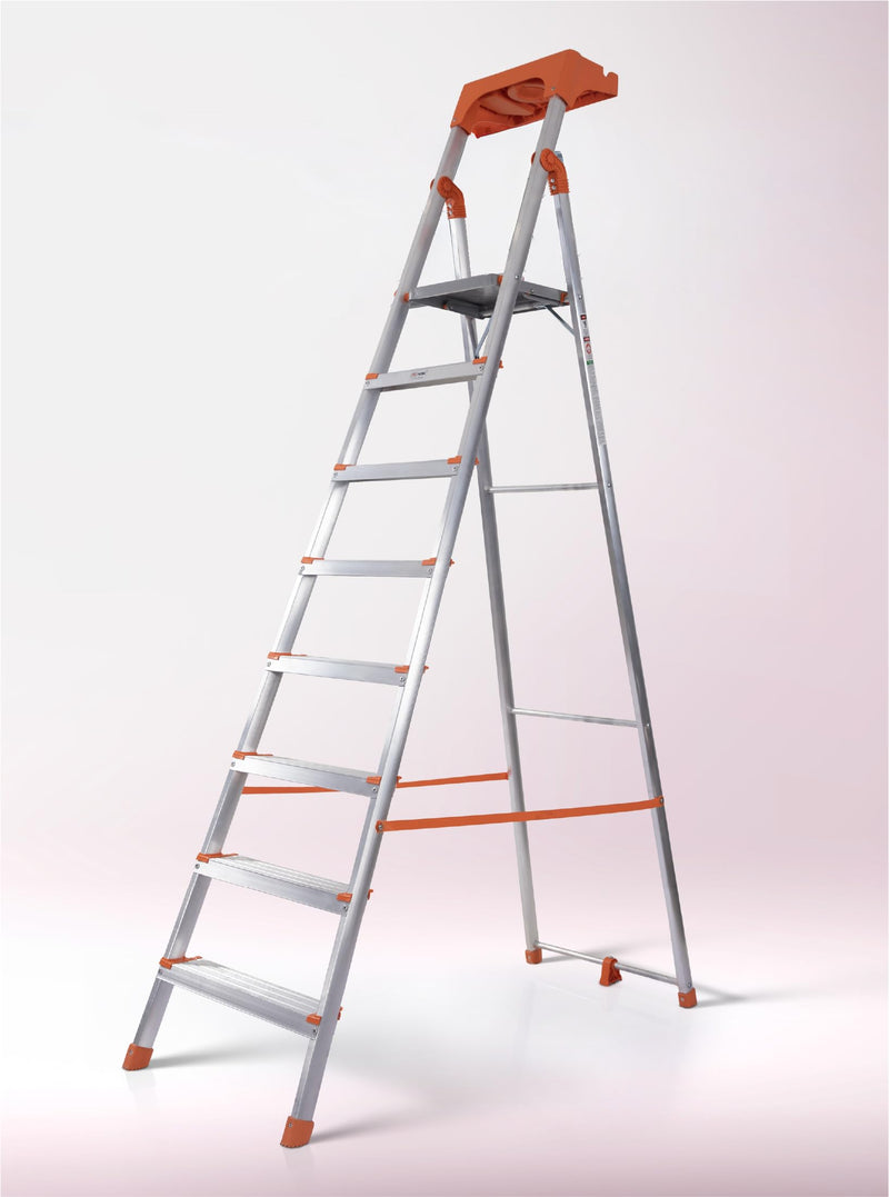 HOUZA Aluminium Ladder for Home 7 Steps Foldable with Anti-Skid Wide Steps | Multi-Purpose Heavy Duty Ladder, Kitchen & Household | 250 Kg Load Capacity | 5 Year Warranty (Orange)
