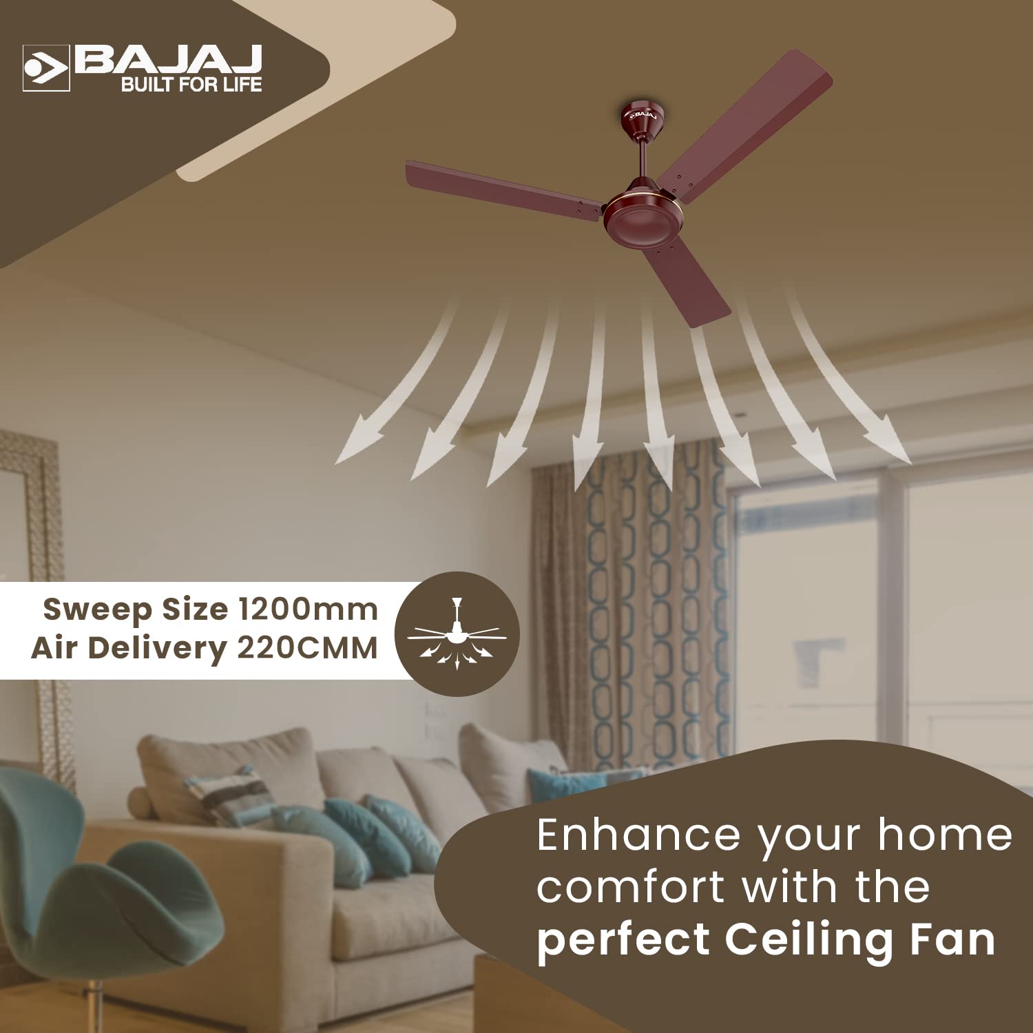 Bajaj Robusta 12S1 1200MM 1 Star Rated Ceiling Fans For Home | BEE Stars Rated Energy Efficient Ceiling Fan | Surgeprotekt Motor | 2 Years Warranty 【Base Brown】