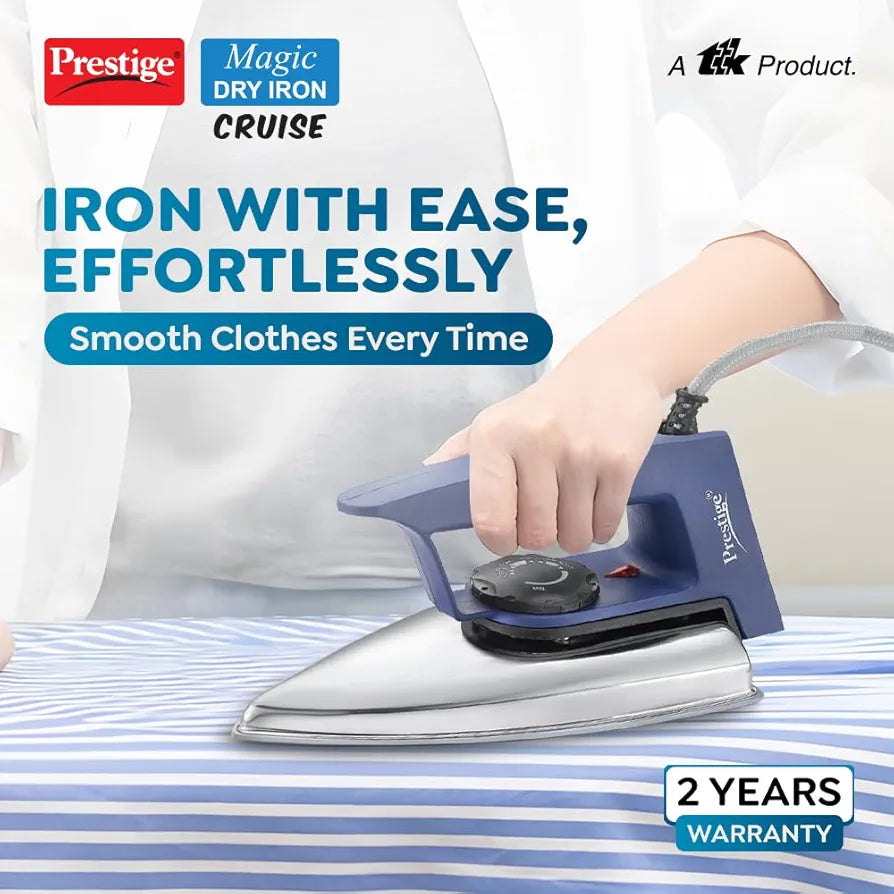 Prestige Magic Cruise 600W Dry Iron|Greblon Non-Stick Coated Sole Plate|Wide Range Of Fabric Interface|Light Weight|Neon Indicator Light|2 Year Warranty|Blue & Silver