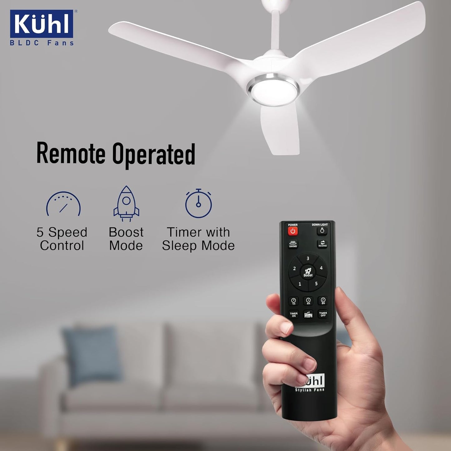 KUHL Meridian M1 1200MM 65% Power Saving BLDC Ceiling Fan With Remote | BEE 5 Star Rated & ISI Marked | High Air Flow | Down Light & Reverse Mode | 5 Year Warranty on Motor | Free Installation |White