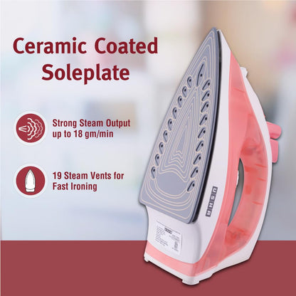 USHA SI 3813 C 1300W Steam Iron with Ceramic Coated Sole Plate, Self Cleaning, 180ml Water Tank, 360° Swivel Cord, Spray & Steam Burst Function – 2 Year Warranty (Pink)