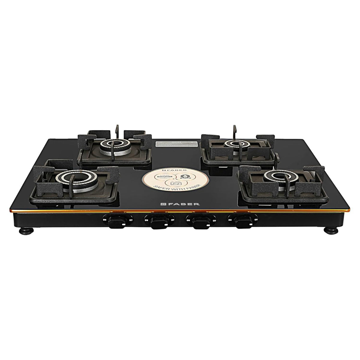 Faber Stylish 4 Brass Burners 69cm Sleek Cooktop |Manual Ignition|MS Powder Coated Pan Support|Black Glass Finish|5 Yrs 
