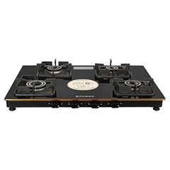 Faber Stylish 4 Brass Burners 69cm Sleek Cooktop |Manual Ignition|MS Powder Coated Pan Support|Black Glass Finish|5 Yrs 