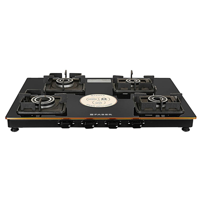 Faber Stylish 4 Brass Burners 69cm Sleek Cooktop |Manual Ignition|MS Powder Coated Pan Support|Black Glass Finish|5 Yrs 