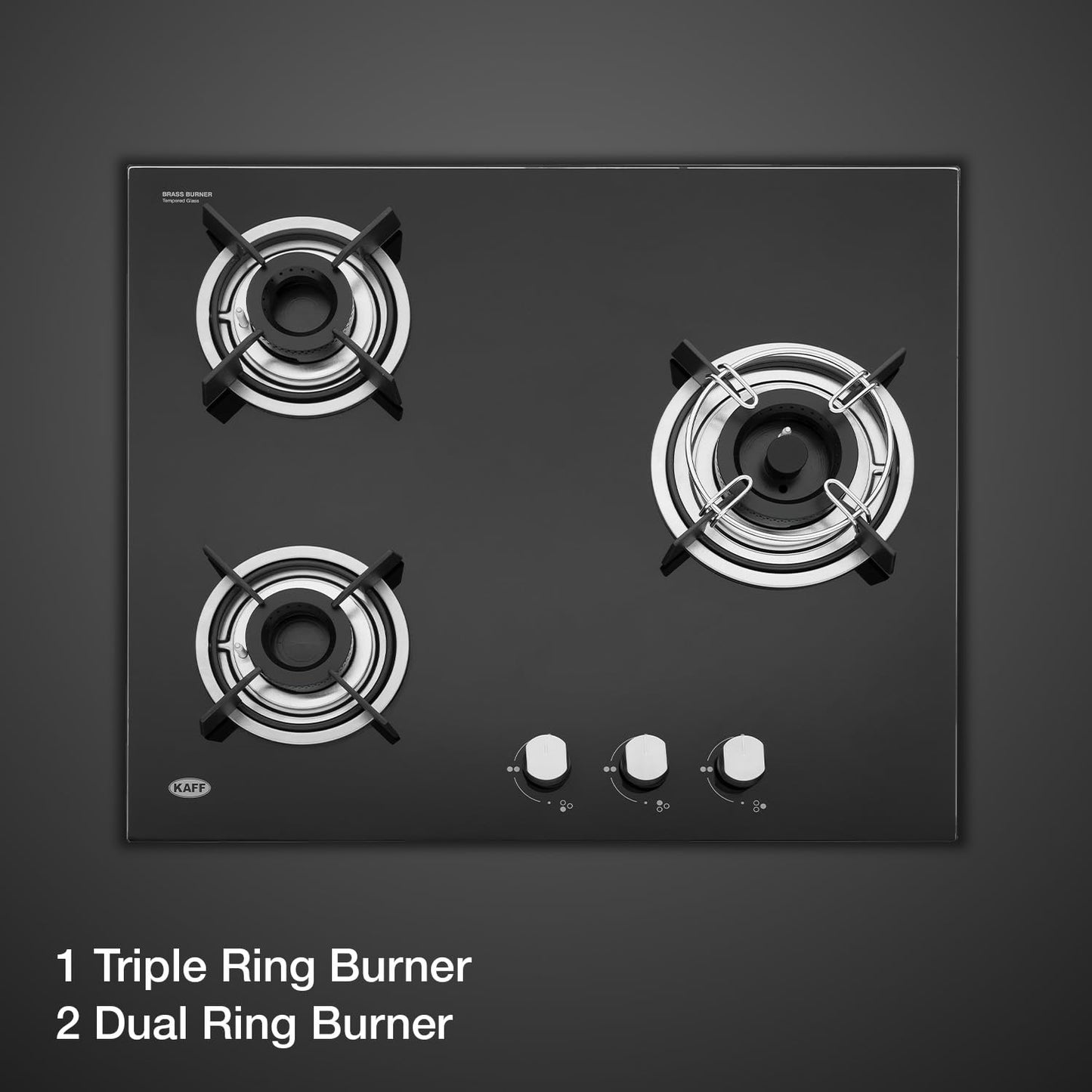 KAFF HBR 603 Built-in Hob/Hobtop 3 Burners, Auto Electric Ignition Glass Top, 60 CM, Powerful Brass Burners, 8 MM Thick Toughened Glass, Enamelled Matt Grills (Black)
