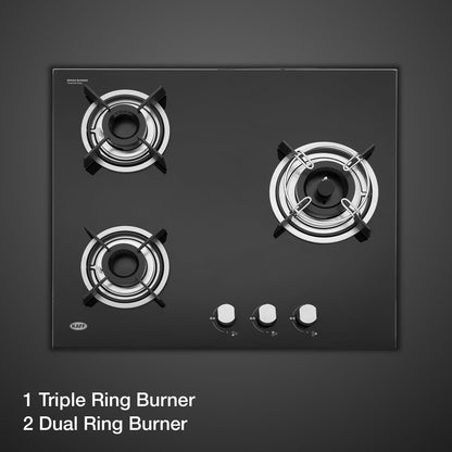 KAFF HBR 603 Built-in Hob/Hobtop 3 Burners, Auto Electric Ignition Glass Top, 60 CM, Powerful Brass Burners, 8 MM Thick Toughened Glass, Enamelled Matt Grills (Black)