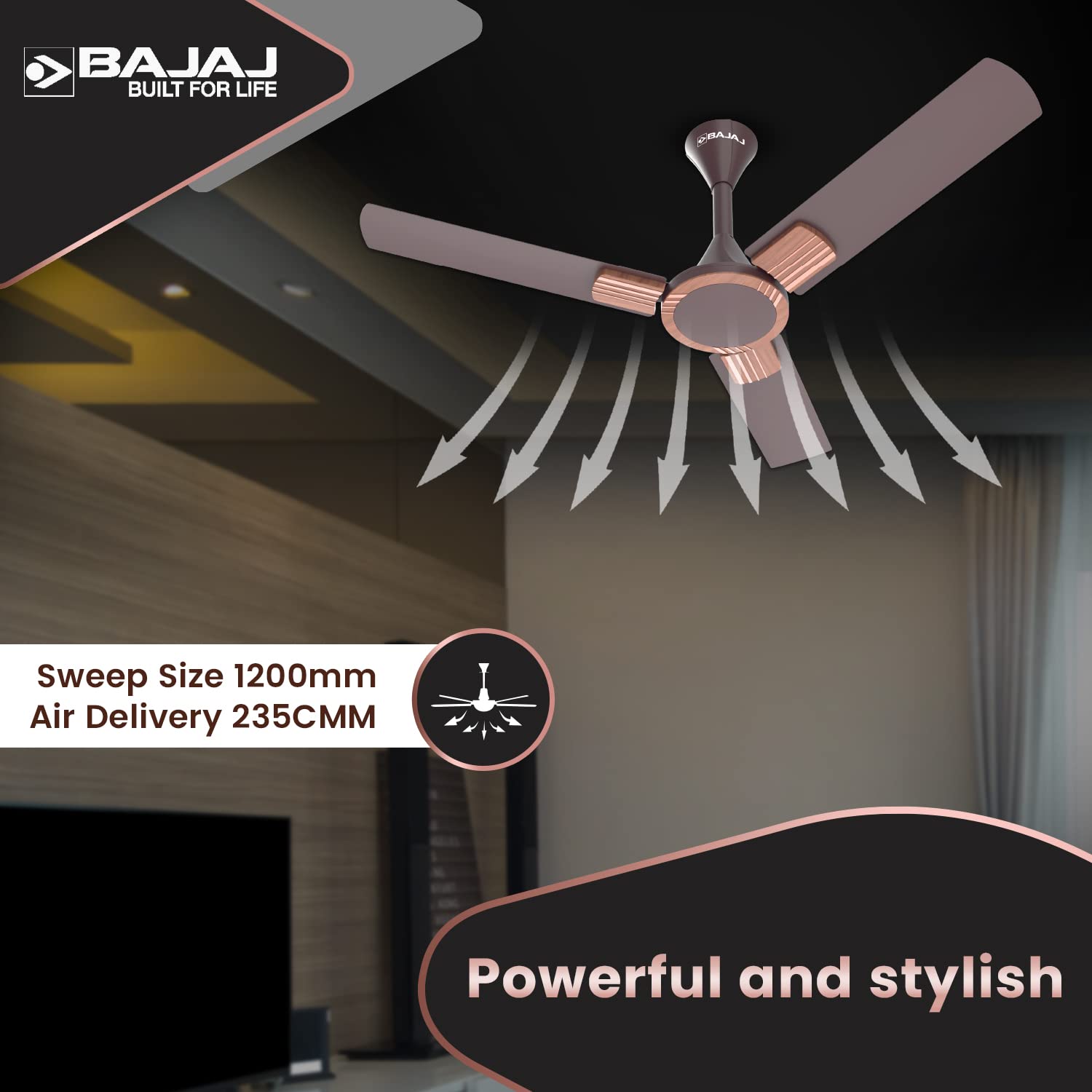 Bajaj Artisan 12S2 1200MM (48") Ceiling Fan | BEE-2 Star Rated Energy Efficient | SUPER 5TUFF TECHNOLOGY™ | SumoTuff Blades | High Air Delivery & High Speed | 5-Yrs Warranty 【Dark Walnut and Wood】
