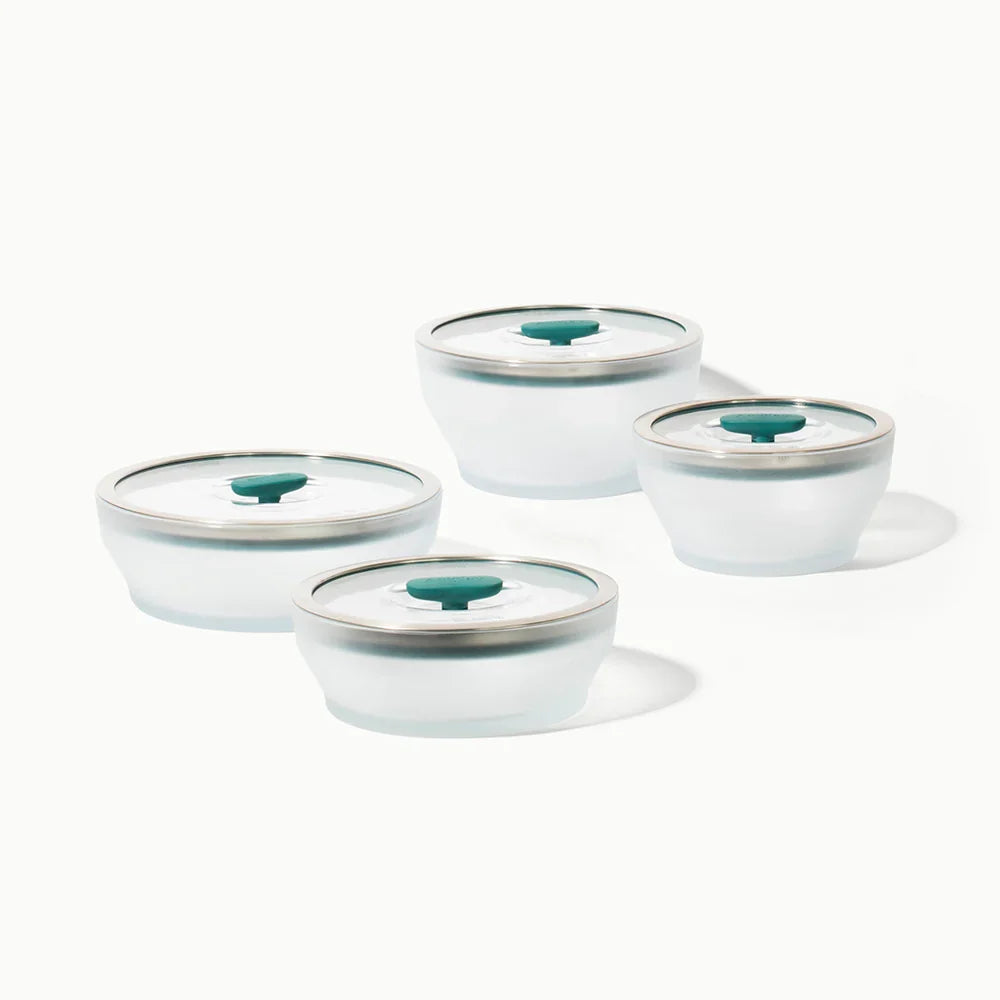 Microwave safe frosted borosilicate bowl set of 4 Anyday dishes with lids , 1 Large Deep Dish, 1 Medium Deep Dish, 1 Large Shallow Dish and 1 Medium Shallow Dish