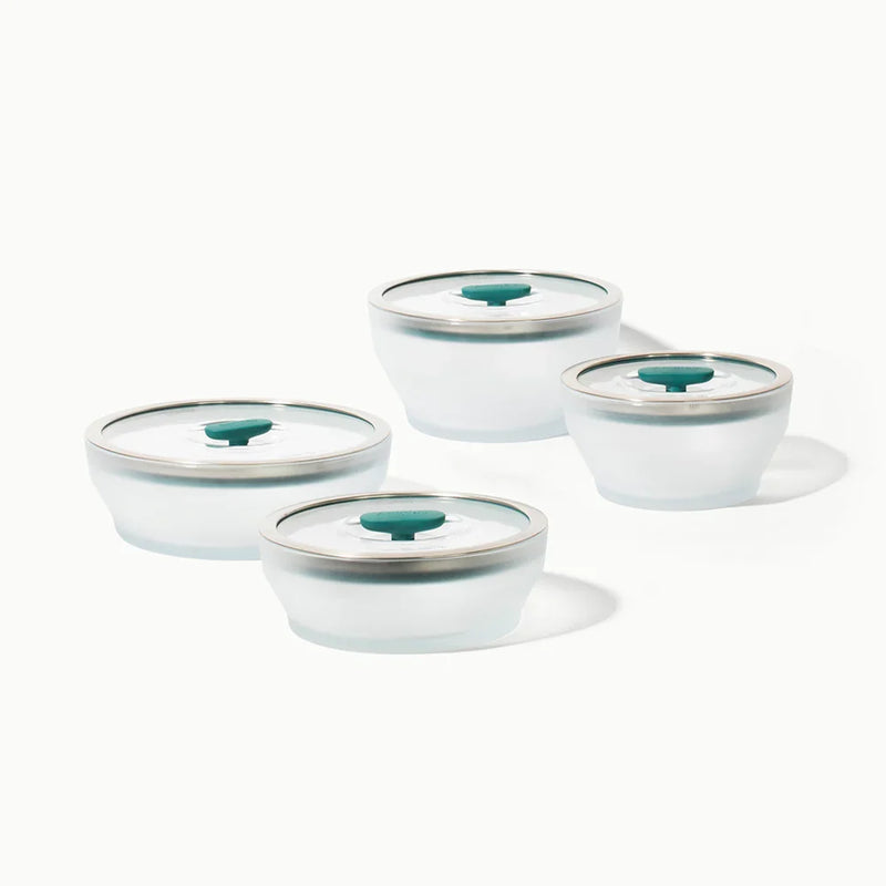 Microwave safe frosted borosilicate bowl set of 4 Anyday dishes with lids , 1 Large Deep Dish, 1 Medium Deep Dish, 1 Large Shallow Dish and 1 Medium Shallow Dish