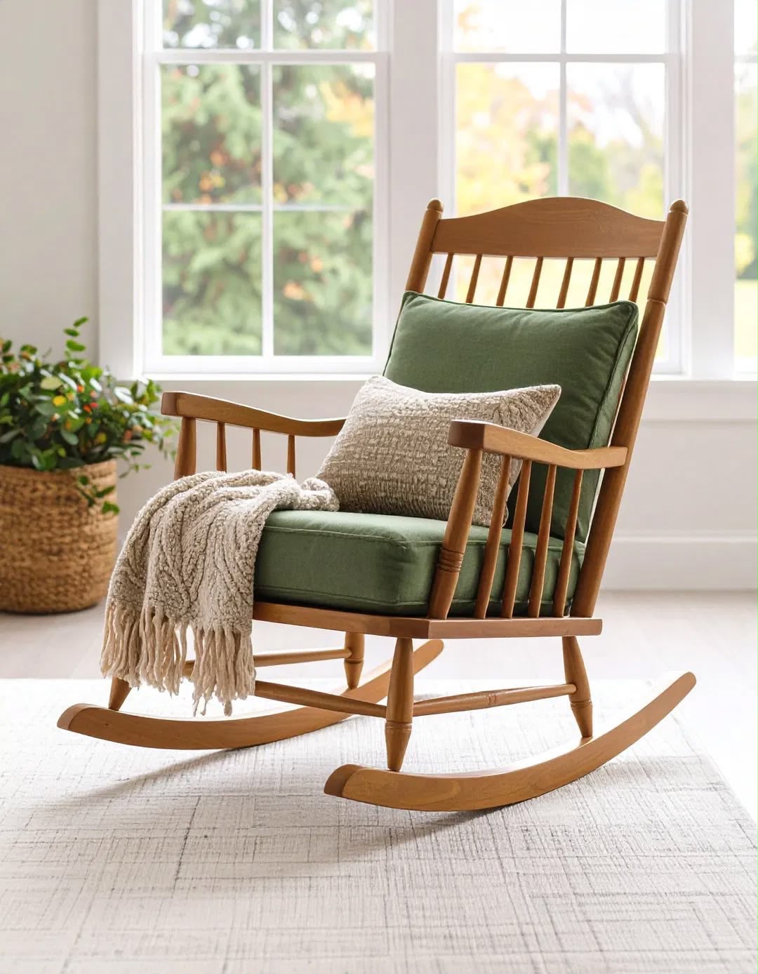 High-Back Solid Wood Rocking Chair with Cushions