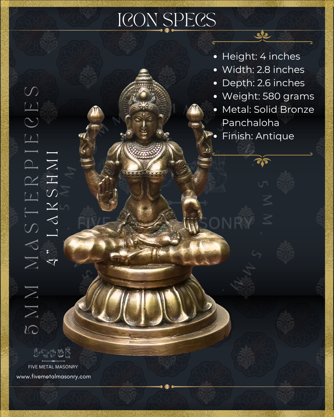 Lakshmi Panchaloha Bronze Icon - 4"-  Masterpieces Collection