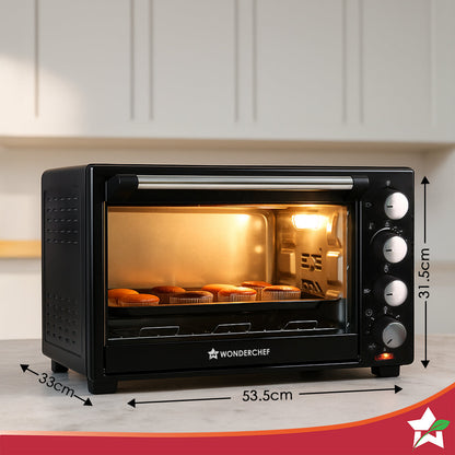 Oven Toaster Griller (OTG) - 28 Litres, Black - with Rotisserie,Auto-shut off, heat-resistant tempered glass, Multi-stage heat selection