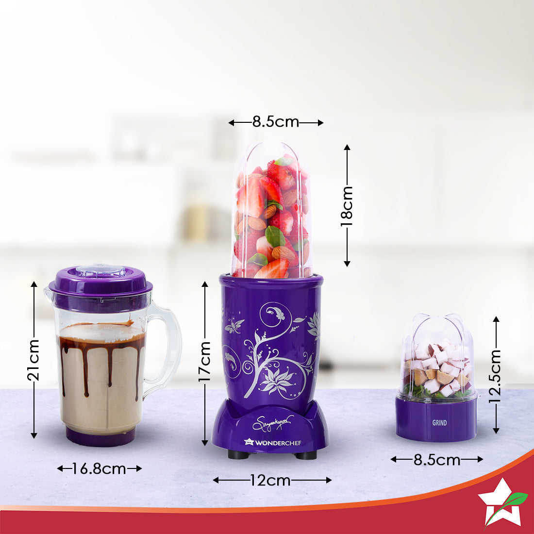 Nutri-blend 500W Mixer Grinder, 22000 RPM Motor, Smoothie Maker, Masala Grinder, Chutney Blender, 4 Unbreakable Jars, Recipe Book by Chef Sanjeev Kapoor, 2 Yr Warranty, Purple