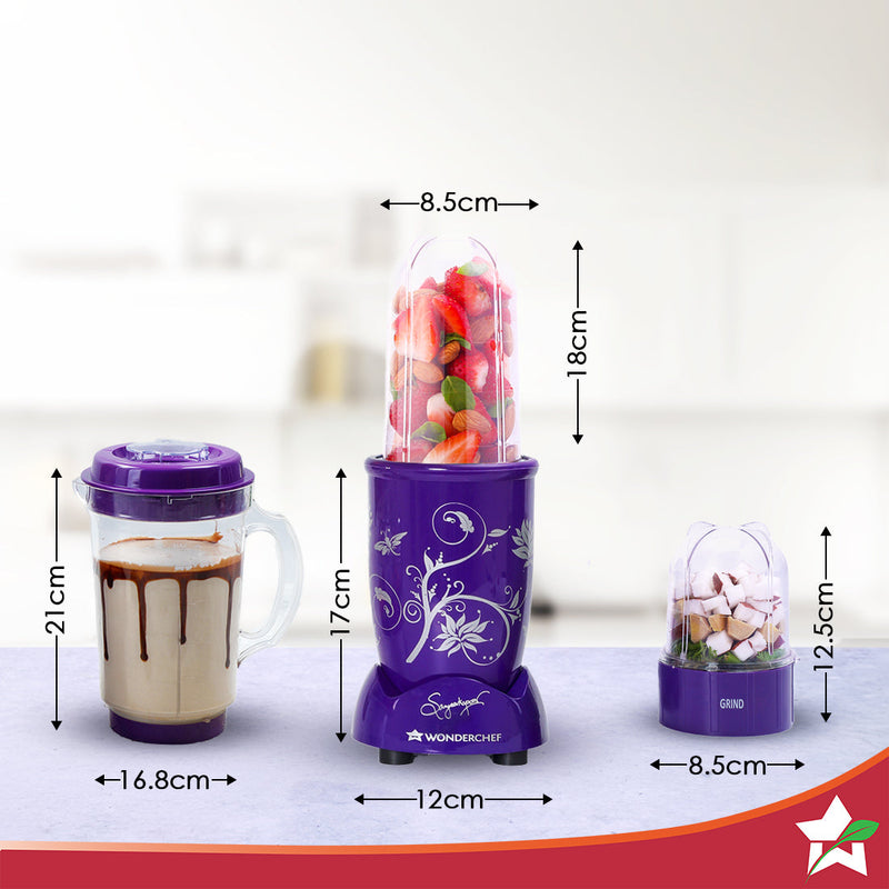 Nutri-blend 500W Mixer Grinder, 22000 RPM Motor, Smoothie Maker, Masala Grinder, Chutney Blender, 4 Unbreakable Jars, Recipe Book by Chef Sanjeev Kapoor, 2 Yr Warranty, Purple
