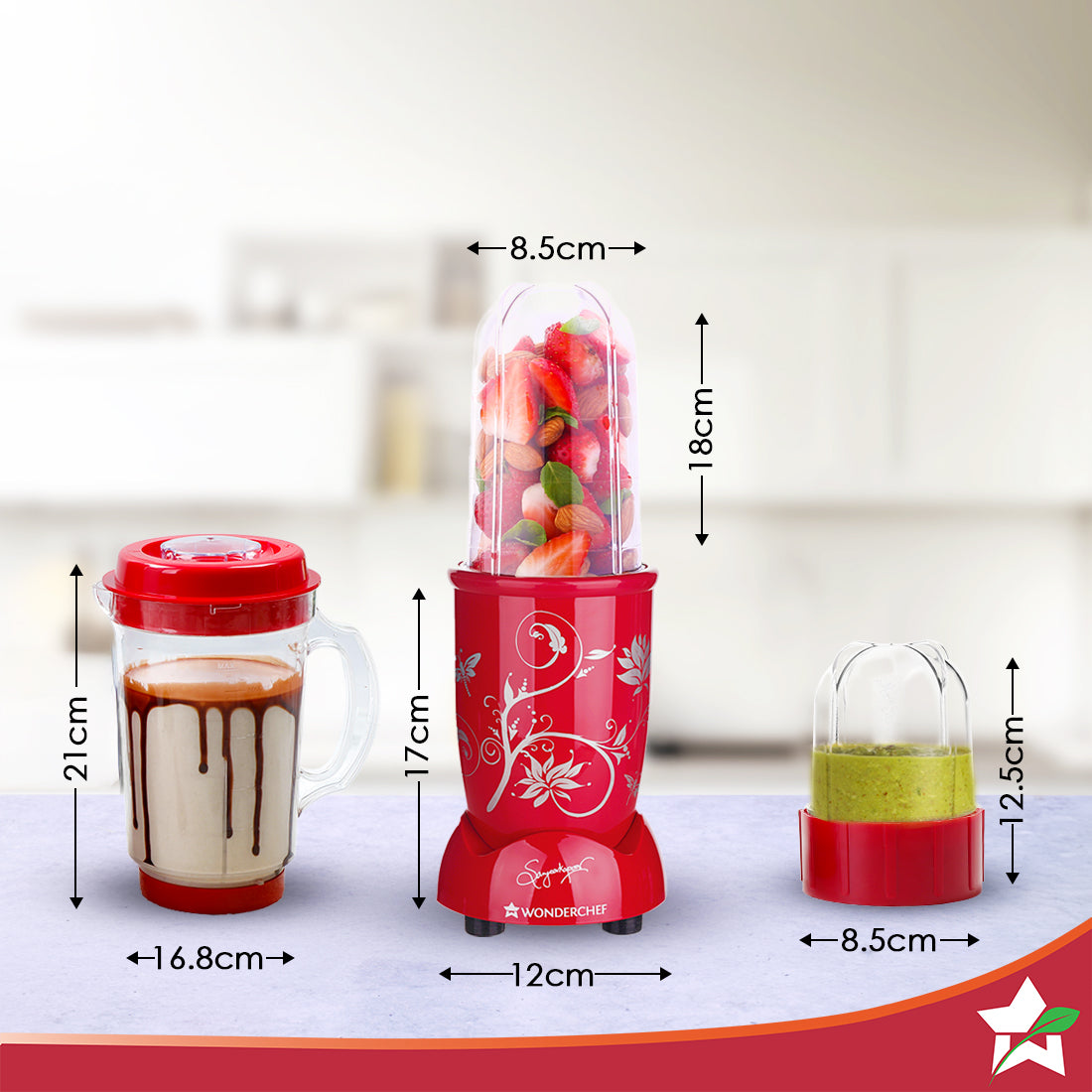 Nutri-blend 500W Mixer Grinder, 22000 RPM Motor, Smoothie Maker, Masala Grinder, Chutney Blender, 4 Unbreakable Jars, Recipe Book by Chef Sanjeev Kapoor, 2 Yr Warranty, Red