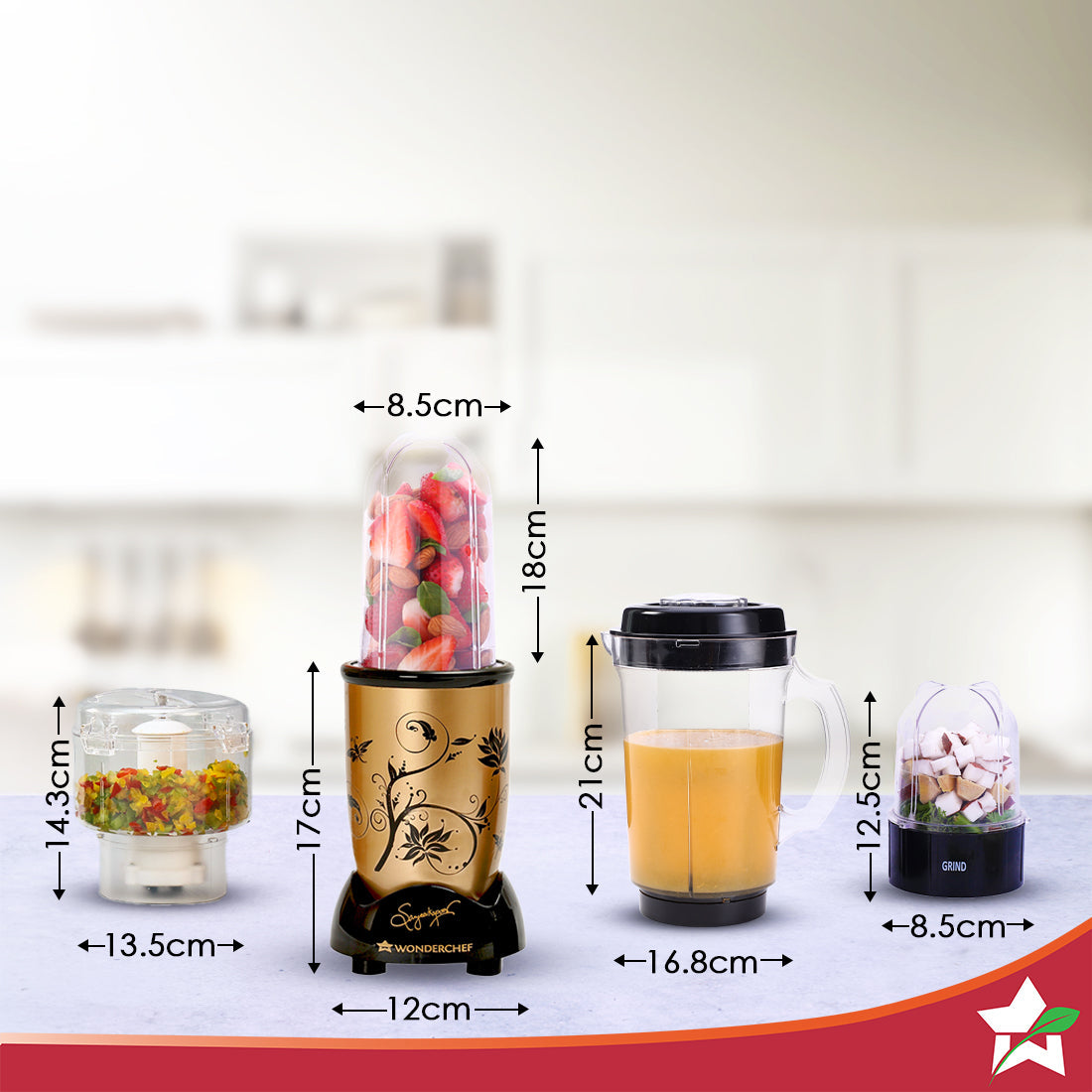 Nutri-blend Juicer, Mixer, Grinder, Smoothie Maker & Chopper | Complete Kitchen Machine | 22000 RPM Blender, Chopper, Juicer | 500W 100% Full Copper Motor | SS Blades | 4 Unbreakable Jars | 2 Years Warranty | Recipe Book By Chef Sanjeev Kapoor | Champagne