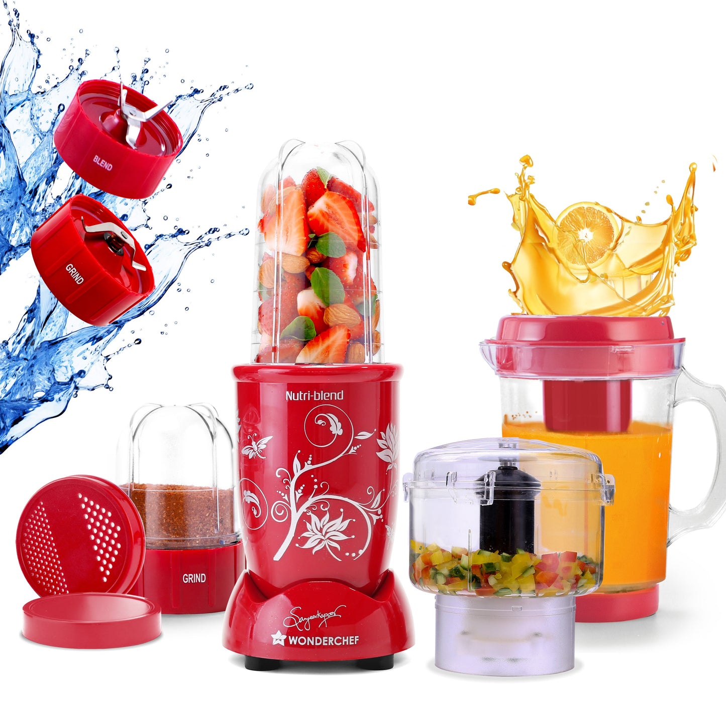 Nutri-blend Juicer, Mixer, Grinder, Smoothie Maker & Chopper | Complete Kitchen Machine | 22000 RPM Blender, Chopper, Juicer | 500W 100% Full Copper Motor | SS Blades | 4 Unbreakable Jars | 2 Years Warranty | Recipe Book By Chef Sanjeev Kapoor | Red