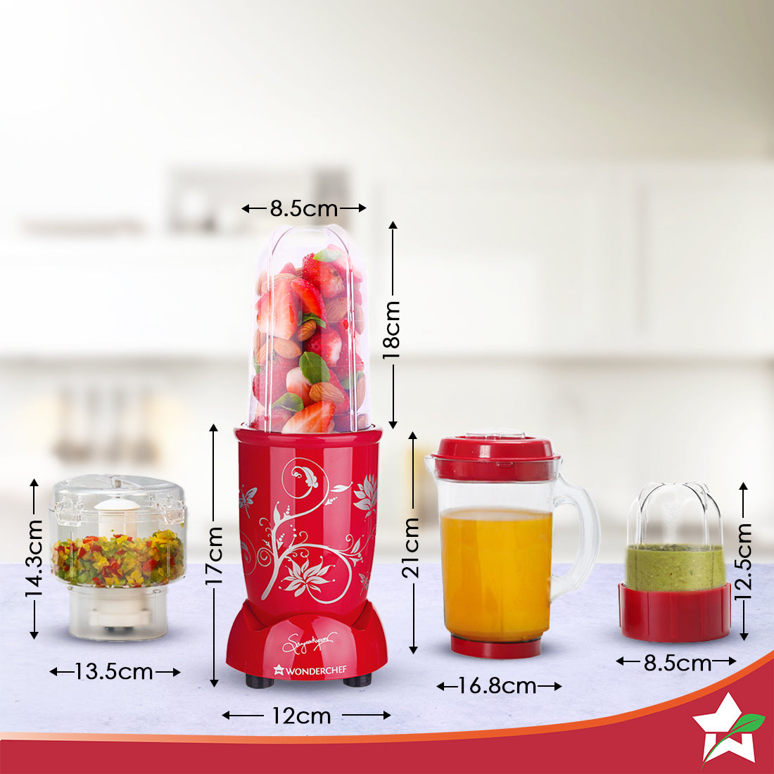 Nutri-blend Juicer, Mixer, Grinder, Smoothie Maker & Chopper | Complete Kitchen Machine | 22000 RPM Blender, Chopper, Juicer | 500W 100% Full Copper Motor | SS Blades | 4 Unbreakable Jars | 2 Years Warranty | Recipe Book By Chef Sanjeev Kapoor | Red