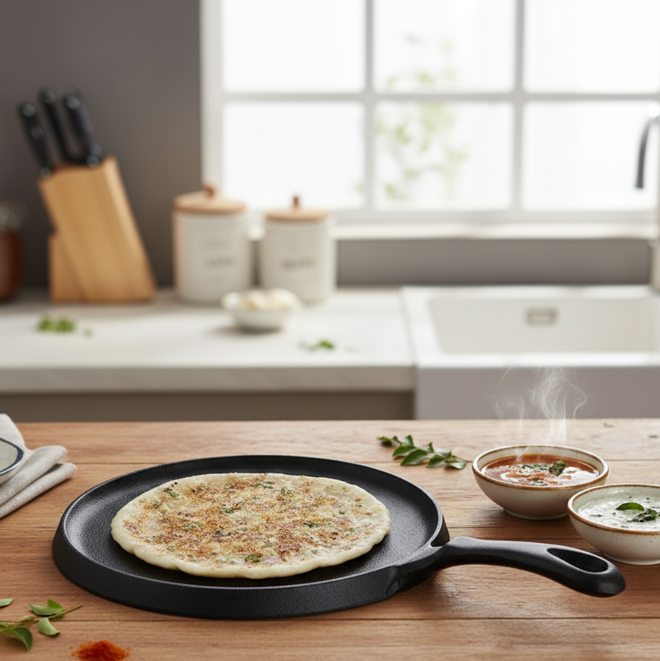 Forza Cast-Iron 25 cm Dosa Tawa Pan | Pre-Seasoned Cookware | Induction Friendly | 3.8 mm| With Lifetime Exchange Warranty