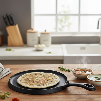 Forza Cast-Iron 25 cm Dosa Tawa Pan | Pre-Seasoned Cookware | Induction Friendly | 3.8 mm| With Lifetime Exchange Warranty