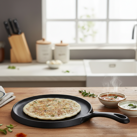 Forza Cast-Iron 25 cm Dosa Tawa Pan | Pre-Seasoned Cookware | Induction Friendly | 3.8 mm| With Lifetime Exchange Warranty