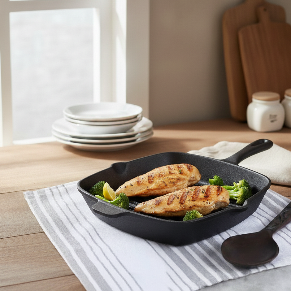 Forza Cast-iron 26 cm Grill Pan, Pre-Seasoned Cookware, Induction Friendly, 3.8 mm