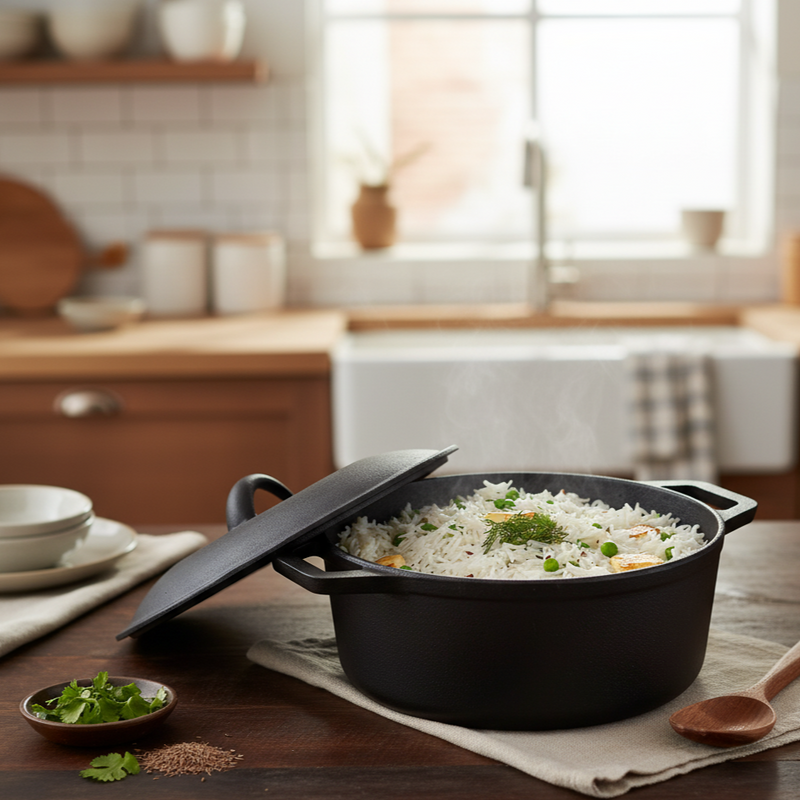 Forza 25 cm Cast-Iron Casserole with Lid | Pre-Seasoned Cookware | Induction Friendly | 4.7 L | 3.8 mm with Lifetime Exchange Warranty